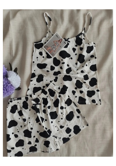 Mihra Kadın İp Askılı Şortlu Yazlık Pijama Takımı Panda Siyah - Beyaz