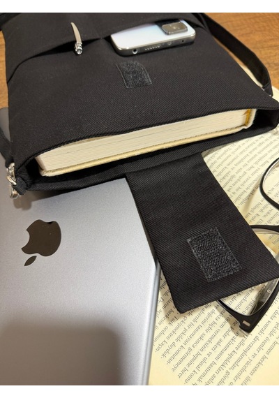 Aksesuarsepeti El Yapımı Cepli Ayarlanabilir Askılı, Kılıf Çanta, Tablet Kılıfı, Kitap Çantası, Organizer Çanta, Siyah