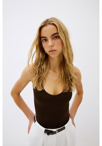 Vatkalı V Yaka Bodysuit-20483 Kahverengi