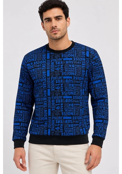 Barlashive Erkek Siyah Mavi Yazı Desenli İki İplik Şardonlu Sweatshirt Çok Renkli