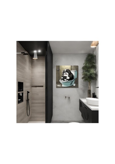 Tekli Kare Kanvas Banyo Tablosu Tabletle Oynayan Terrier Köpek Kanvas Çok Renkli Çerçevesiz