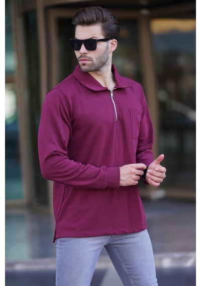 Madmext Bordo Polo Yaka Fermuarlı Uzun Kollu Erkek Sweatshirt 7057 Bordo