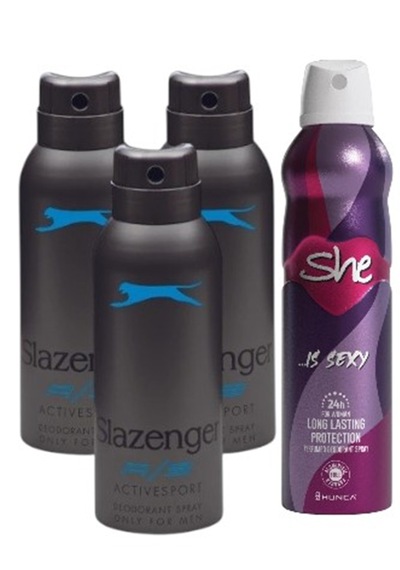 Slazenger Active Sport Mavi Erkek Sprey Deodorant 3 x 150 ML + She Sexy Kadın Sprey Deodorant 150 ML