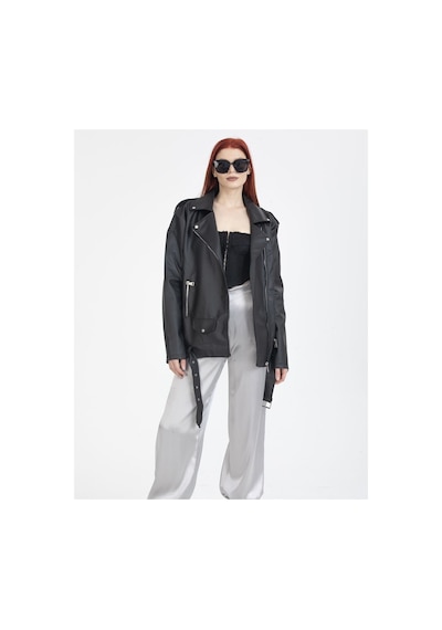 Pin Fashion Kadın Oversıze Tarz Uzun Deri Ceket Siyah Siyah