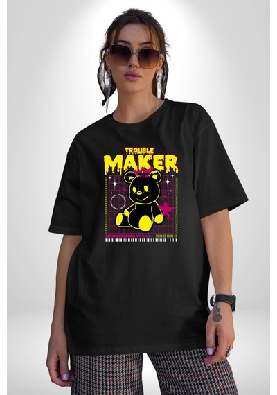 Baş Belası Teddy Pamuklu Bisiklet Yaka Unisex Oversize Boyfriend Dijital Baskılı Siyah T-shirt Siyah