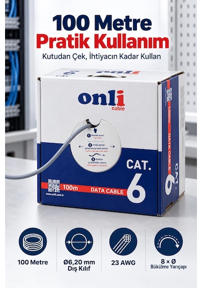 Onli Cat6 Ethernet Kablosu 100 Metre 250 Mhz Gri Data Kablosu