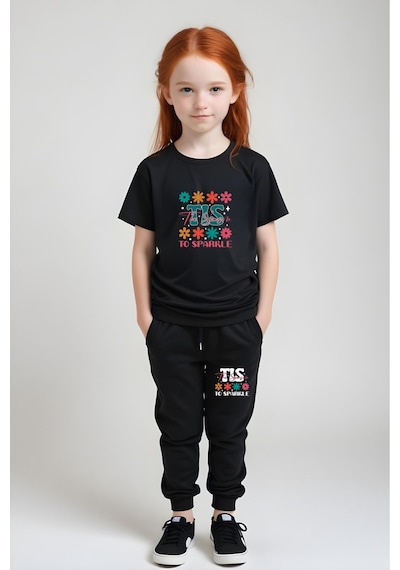 Panios Kids Baskılı Kız Çocuk Tişört Ve Eşofman Alt-üst Takım Siyah
