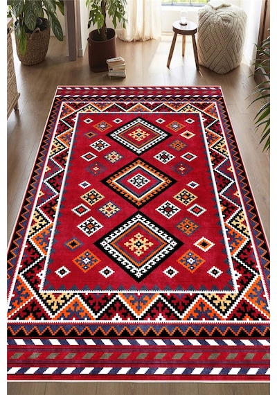 Kırmızı Etnik Kilim Desenli Dijital Baskılı Kaymaz Taban Yıkanabilir Halı