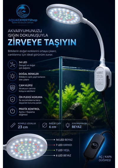 Sobo Usb Akvaryum Işığı - Balık Işığı - Bitki Işığı - 34 Led - Y-3w - Güçlü Aydınlatma - Üstün Performans - 23 Cm - Beyaz