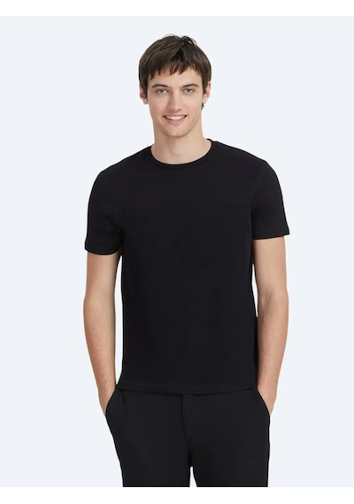 Kip Siyah Düz Bisiklet Yaka %100 Pamuk T-shirt Siyah