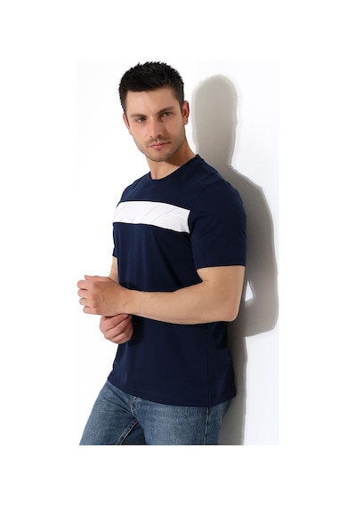 Erkek İki Renk Parçalı Bisiklet Yaka T-shirt - Pamuklu Tişört Lacivert