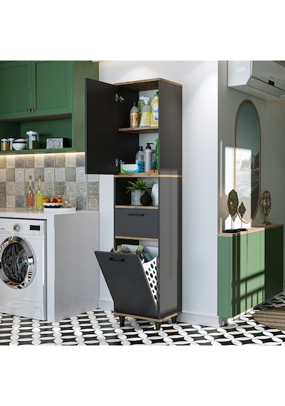 Çamaşır Sepetli Banyo Dolabı, Çok Amaçlı Dolap 45 X 200 Atlantik - Antrasit Çamaşır Sepetli Banyo Dolabı, Çok Amaçlı Dolap 45 X 200 Atlantik - Antrasit
