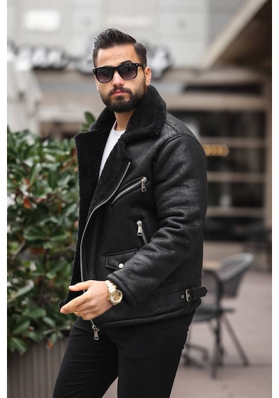 Erkek Biker İçi Kürüklü Ceket/mont Siyah Siyah Biker