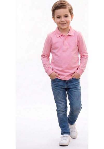 Nacar Store Unisex Çocuk Uzun Kollu Polo Yaka Lakost Okul Tişörtü Pembe