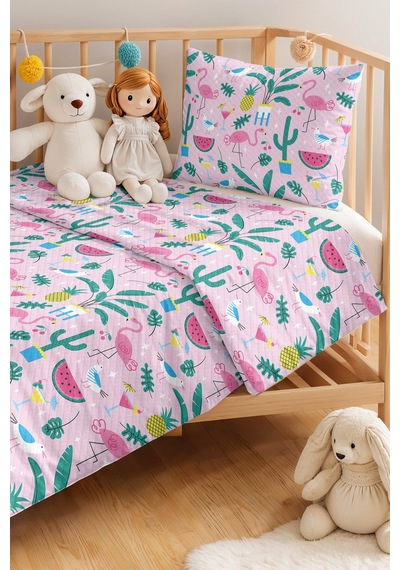 Evimde Bambaşka Flamingo Tropikal Pembe Kız Çocuk Pike Takımı-kaktüs Ananas Mint Bebek Odası Yatak Örtüsü 160x220  CM