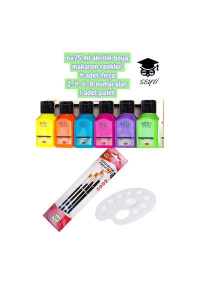 Artdeco 6x75 Ml Akrilik Boya Makaron Renkler 4 Adet Fırça 2-4-6-8 Numaralar 1 Adet Palet 0000 Naturel