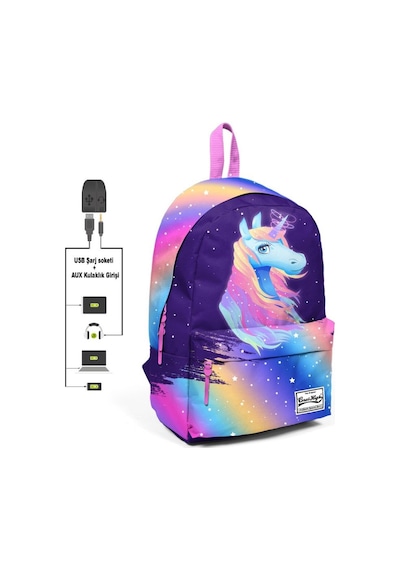 Coral High Renkli Unicorn Desenli Sırt Çantası - Okul ve Günlük USB+AUX Soketli 23430