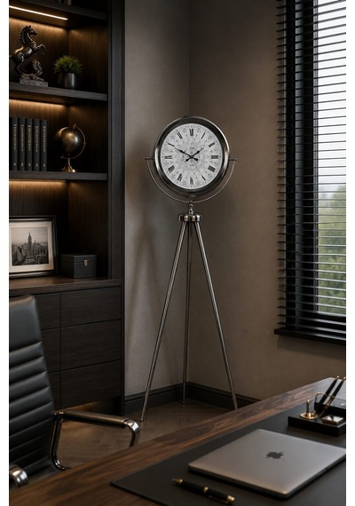 Krom Motifli 150 X 45 Cm Metal Tripod Ayaklı Saat