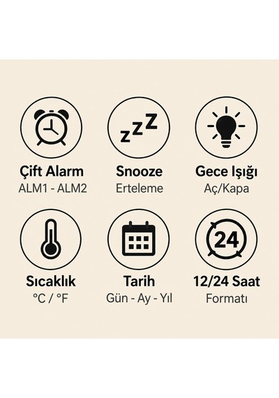 Dijital Alarm Saat, Çift Alarmlı Masa Saati, Snooze, Ds-5801 Diğer