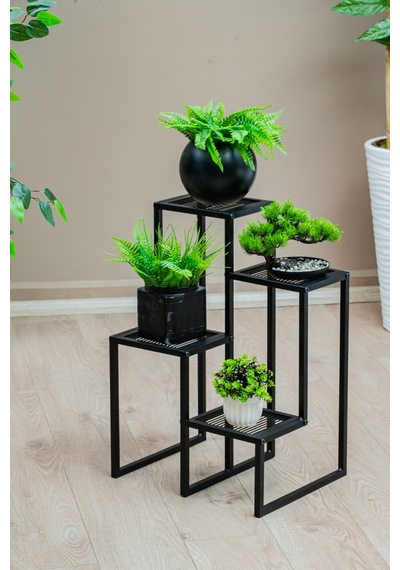 4 Katlı Kademeli Metal Çiçeklik, Modern Saksılık, Balkon Ve Salon İçin Dekoratif Saksı Standı Siyah