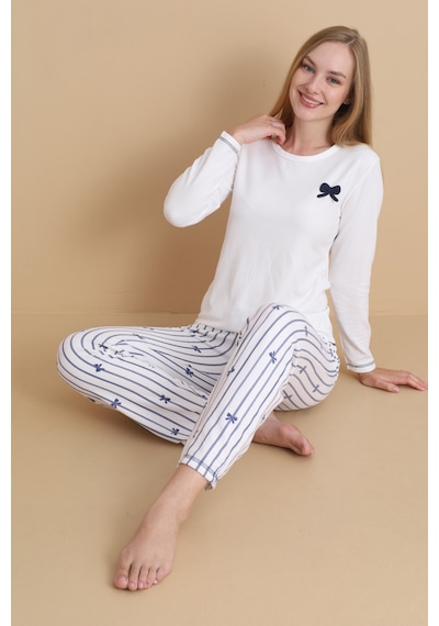 Wordex Mırano 3101 Waffle Soft Kumaş Fiyonk Desenli Kışlık Ev Kadın Pijama Takımı Ekru