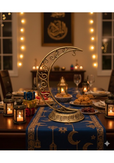 28 Cm Ramazan Dekoratif Masa Üstü Hilal Eskitme Gold Plastik Tabanlı Süs Diğer