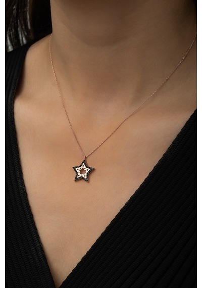 Papatya Silver Siyah Taşlı Yıldız Kontürlü Kolye Rose Gold Kaplama 925 Ayar Gümüş, UVPS100496