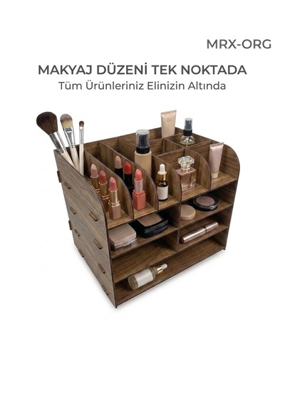 Mrx-org 9 Bölmeli Makyaj Organizer Çekmeceli Kozmetik Düzenleyici, Masa Üstü Organizer, Ahşap Makyaj Standı Ceviz