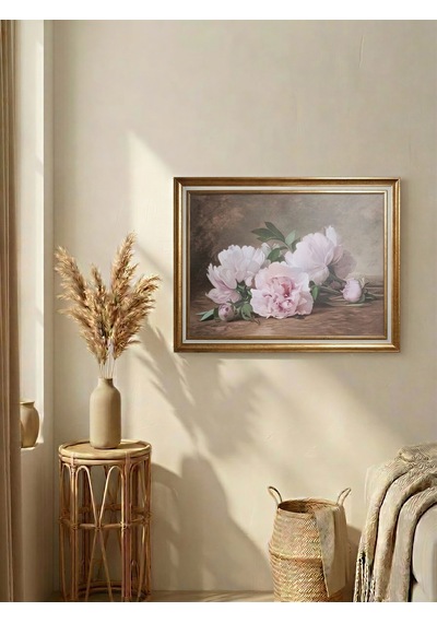 Gold Çerçeveli Vintage Natürmort Dekoratif Tablo - Pembe Çiçekler - 80x60 Cm