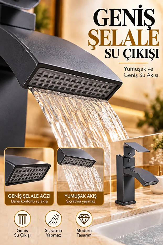Lavabo Bataryası Şelale Akışlı Antrasit Banyo Lavabo Musluğu Modern Armatür