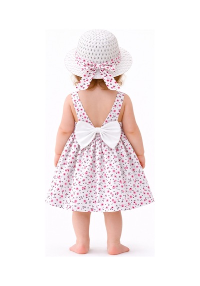 Chicsy Baby Kız Bebek Çiçek Desenli Yazlık Elbise Şapkalı Sırt Dekolteli Fiyonk Detaylı Pembe
