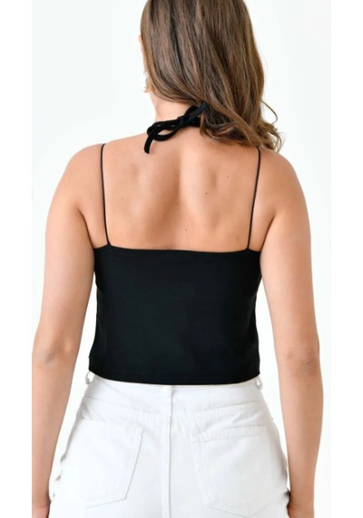 Vuvutasarım Kadın Krep Kumaş Boyun Bağlama Detaylı Askılı Siyah Crop Bluz 582455 Siyah