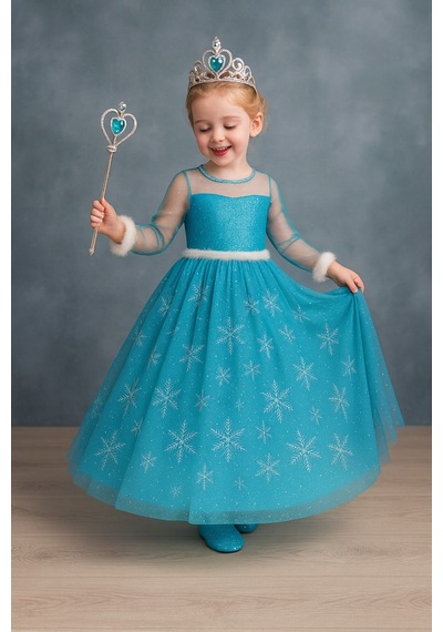 Parti Selesi Karlar Ülkesi Frozen Uzun Kol Abiye Mavi
