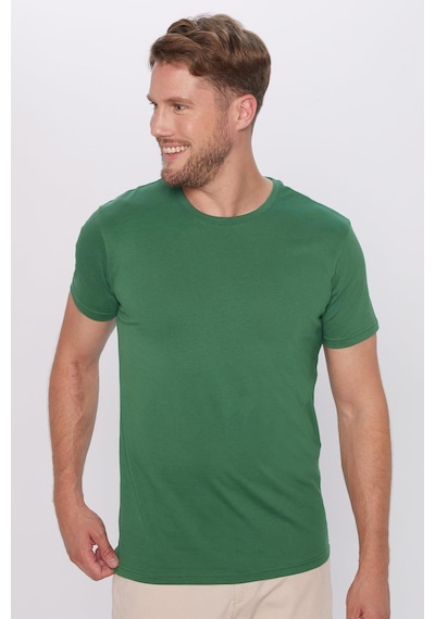 Tudors Unisex Slim Fit Dar Kesim %100 Pamuk Yumuşak Dokulu Yeşil Bisiklet Yaka Tişört-31791 Yeşil