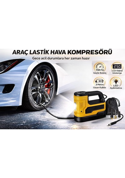 Tr Araç Lastik Hava Kompresörü 150 Psı Taşınabilir Dijital Göstergeli Led Işıklı Hava Pompası Çok Amaçlı Ş