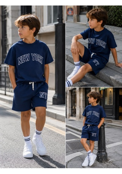 Erkek Çocuk Slogan Yazı Nakışlı T-shirt - Şort Alt Üst Takım Lacivert