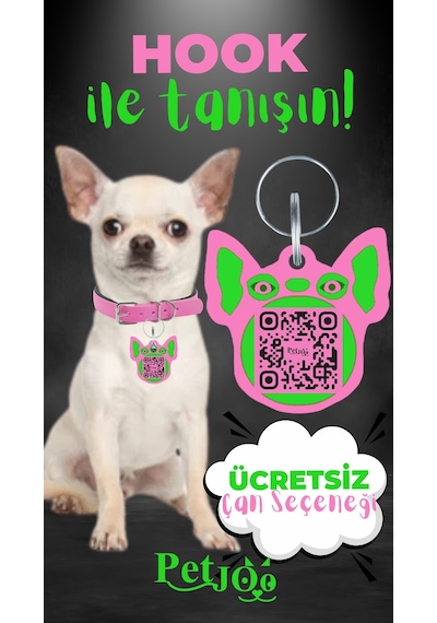 Petjoo 7.Hook Yeşil-Pembe Qr'lı Köpek Künyesi