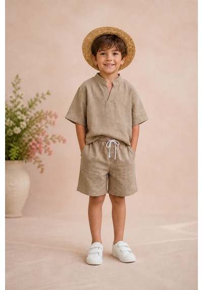 Eray Alp Kids Erkek Çocuk Bej Keten Tişört Şort Takımı Yazlık Günlük Model