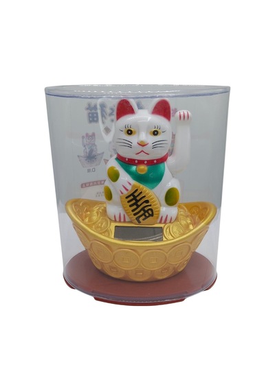 Maneki Neko El Sallayan Şans Kedisi Beyaz Solar Güneş Enerjili 14x12cm No3byz