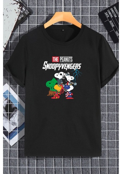 Unisex Kadın Erkek Snoopy Avengers Baskılı Oversize T-shirt Siyah Mck2291 Siyah