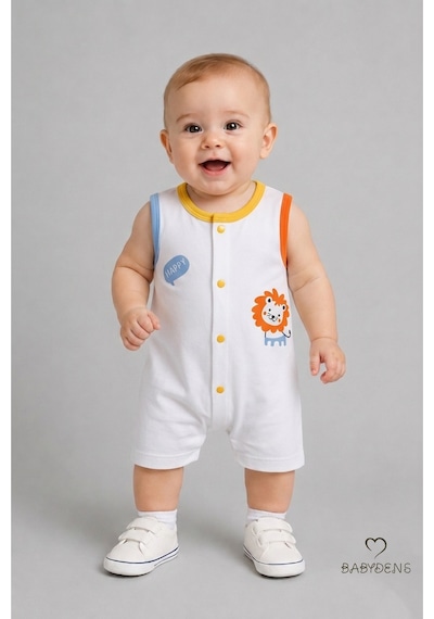 Babyden's Erkek Bebek Tulum Yazlık Pamuklu Şortlu Çıtçıtlı Aslan Baskılı Bebek Tulumu Yenidoğan Bebek Giyim 0-9 Ay Beyaz