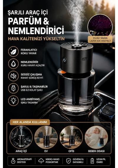 Araç İçi Hava Nemlendirici Ve Koku Difüzörü Usb Şarjlı Sessiz Çalışma 140 Ml Siyah