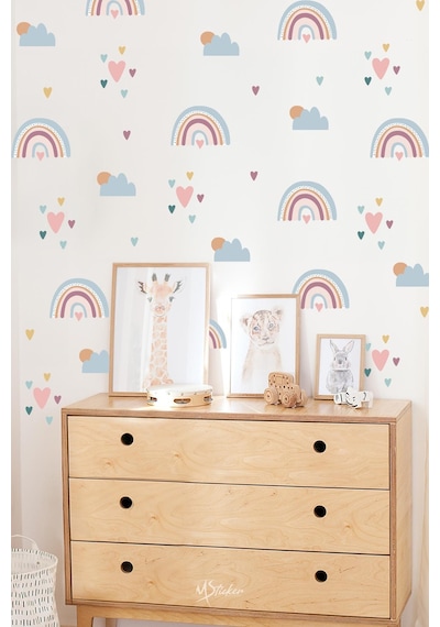 Boho Gökkuşağı Kalpler Ve Figürler Çocuk Bebek Odası Duvar Sticker Seti, Pastel Renklerde Gökkuşağı