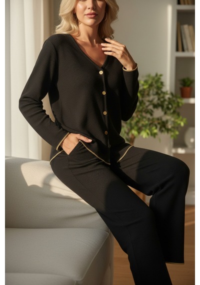 Epilons Zenviaatt2 Premium Kadın Fitilli Pijama Takımı Siyah Gold Biye Detaylı, Yumuşak Dokulu Ev Şıklığı Zenvi312