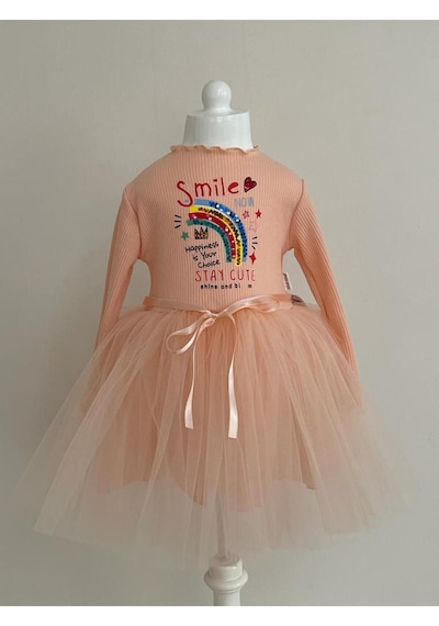 Pamuk Astarlı Uzun Kollu Smile Baskılı Tüllü Kız Çocuk Elbise SOMON