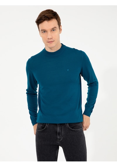 Cacharel Petrol Slim Fit Çeyrek Balıkçı Yaka Basic Triko Kazak