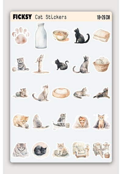 Sevimli Kedi Sticker Seti - 25 Adet Etiket Çıkartma Diğer