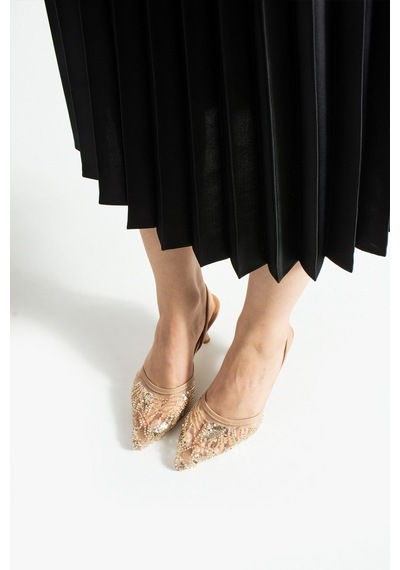 Lebibe Shoes Perıe Bej Kadın 7 Cm Topuklu Pullu Payetli Bantlı Abiye Gelin Düğün Ayakkabısı Terliği