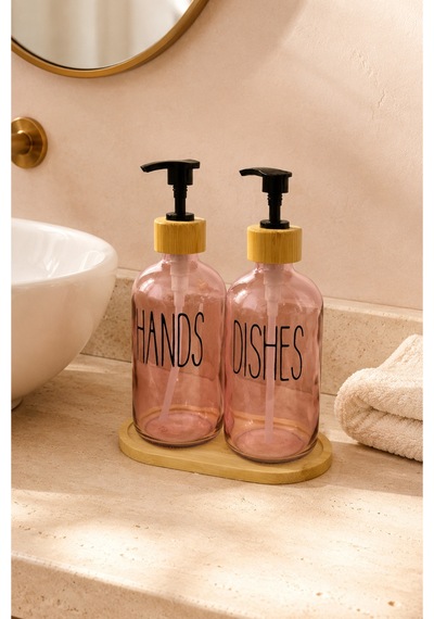 Relly Bambu Standlı İkili Cam Sabunluk Seti 2 X 500 Ml Hands & Dıshes Pembe