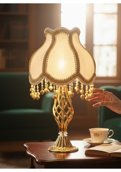 Ekru Kadife Kaplı Gold İşlemeli Şık Başlık Burgulu Gold Metal Ayaklı Klasik Model Abajur 55x25cm